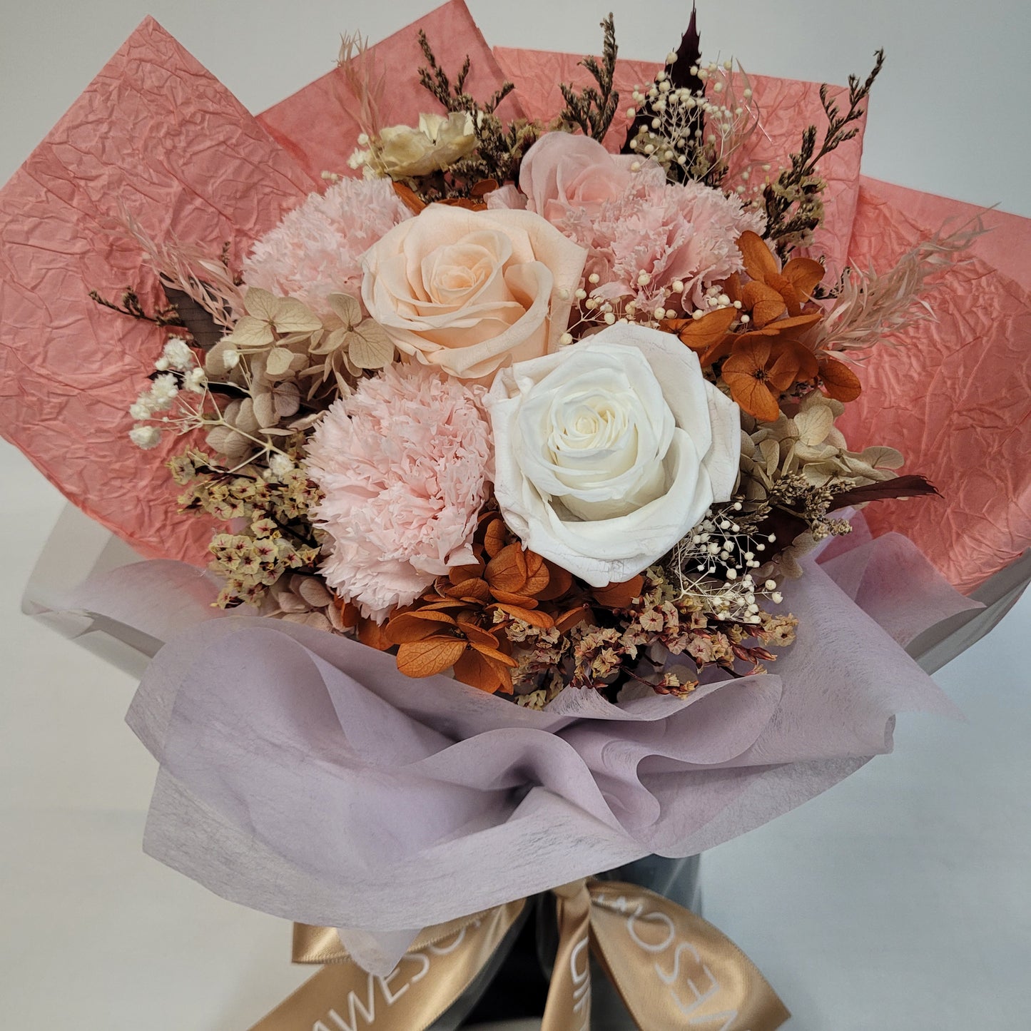 Blossom Orange & Pink Preserved Flowers Tabletop Bouquet