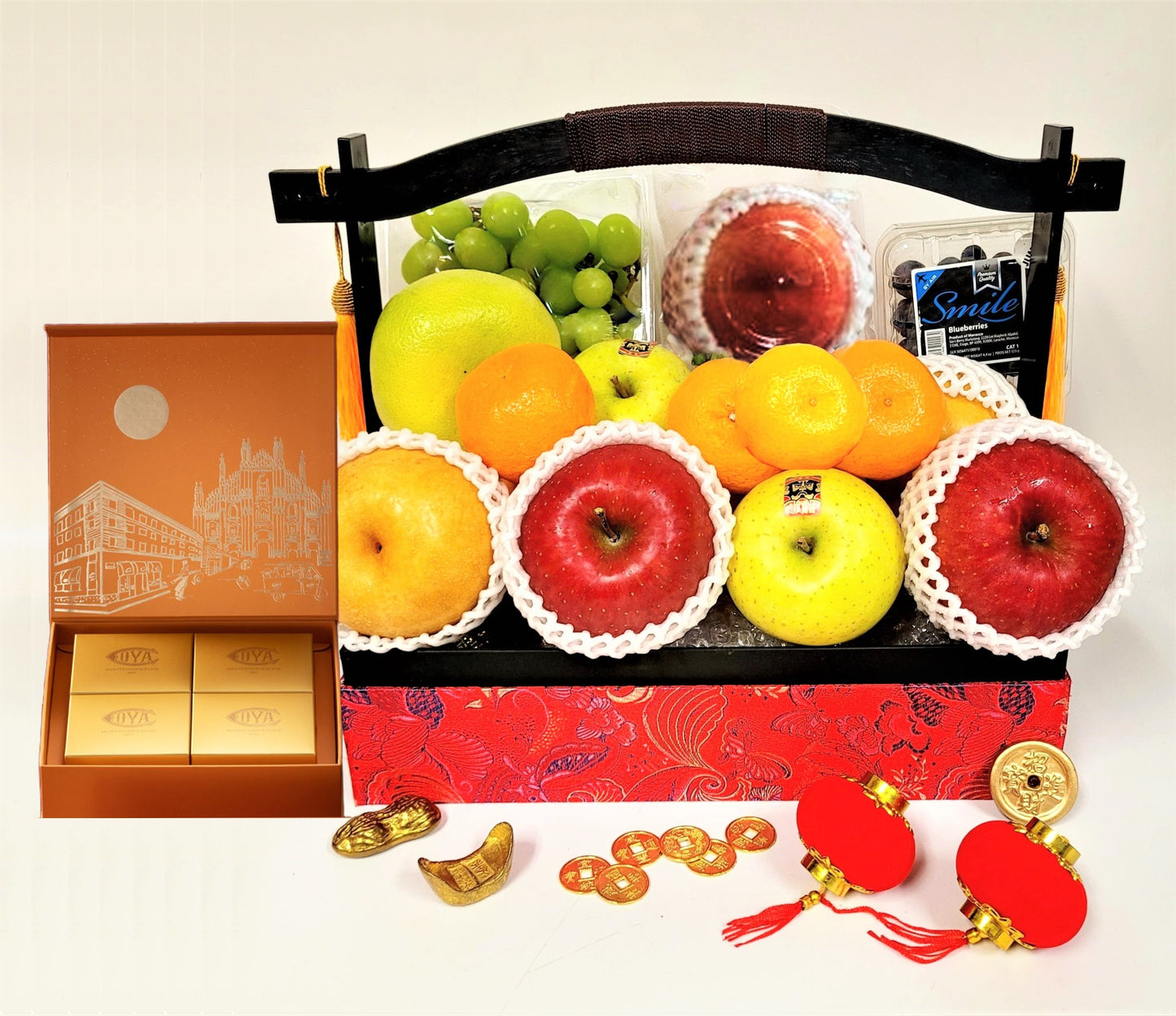 Red Brocade Deluxe Fruit Hamper with Cova Mooncakes