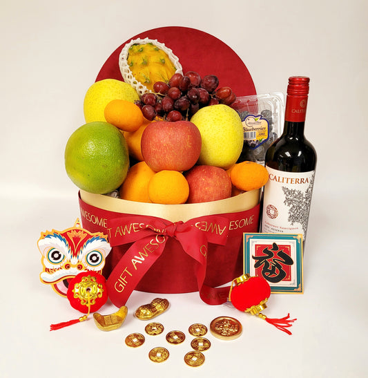 Red Round Box Seasonal Fruit Hamper with Red Wine