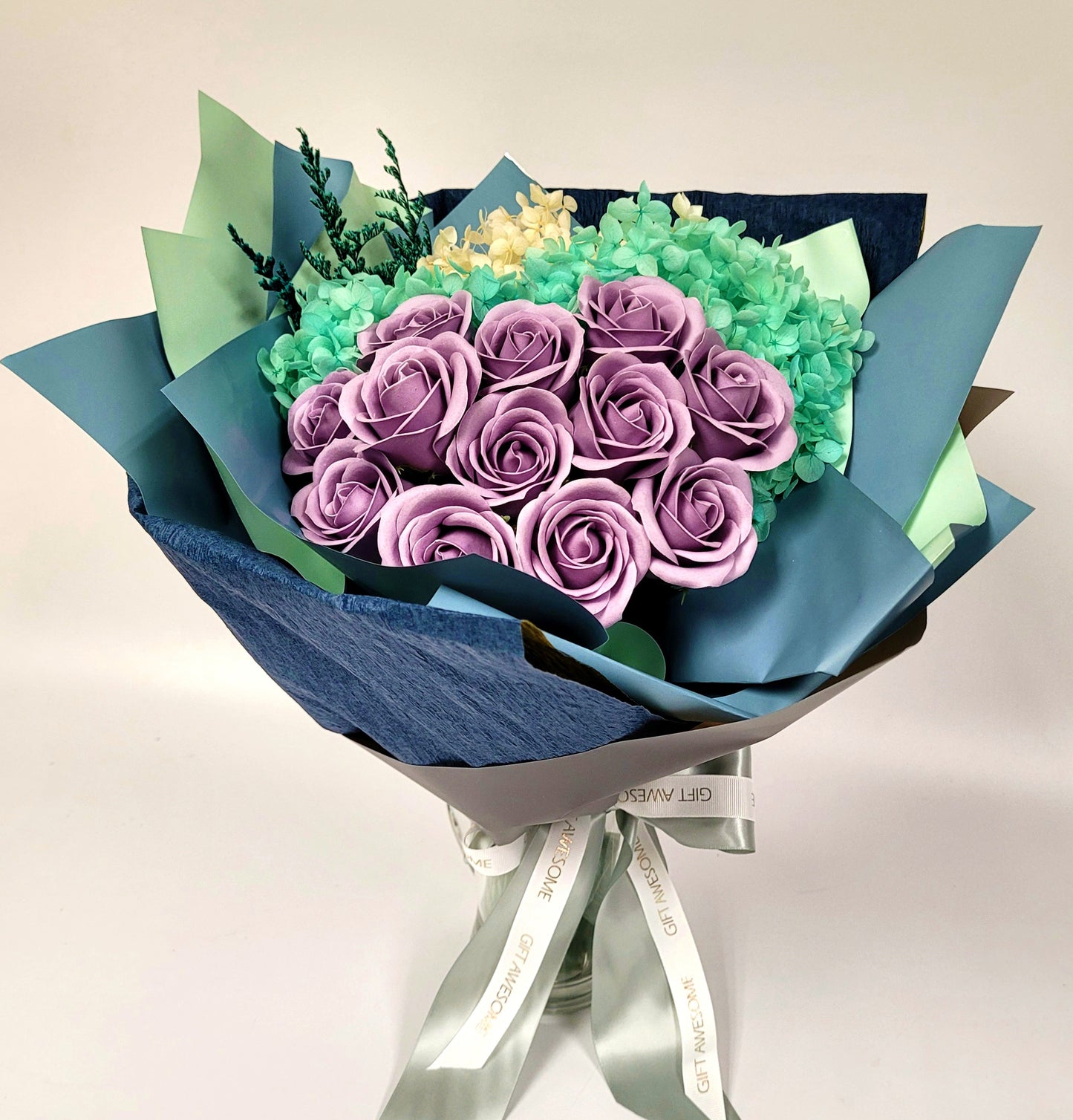 Purple Rose Blue Hydrangea Scented Soap & Preserved Flower Bouquet