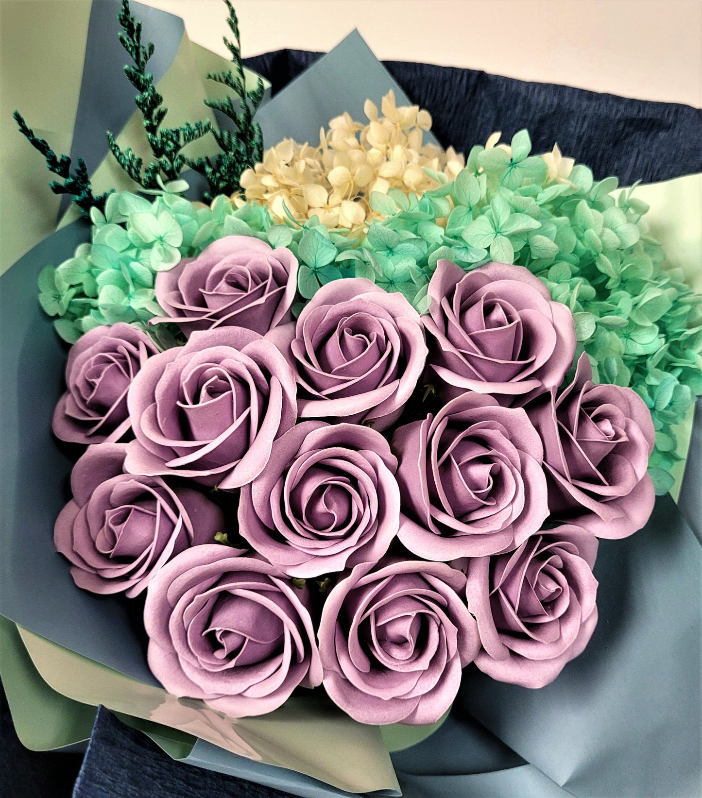 Purple Rose Blue Hydrangea Scented Soap & Preserved Flower Bouquet