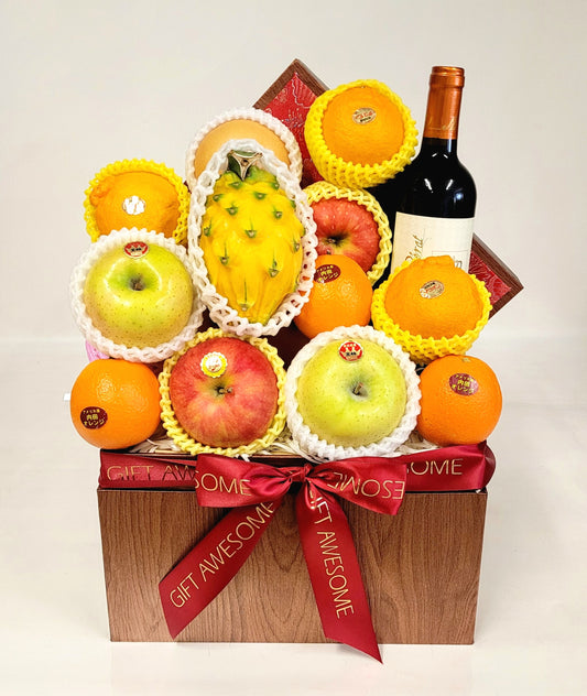 Red Brocade Seasonal Fruit Hamper with Red Wine