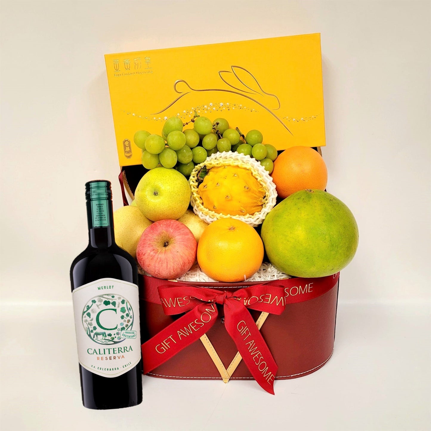 Mid Autumn Red Festive Fruit Hamper with Kee Wah Moooncake & Wine OR Juice