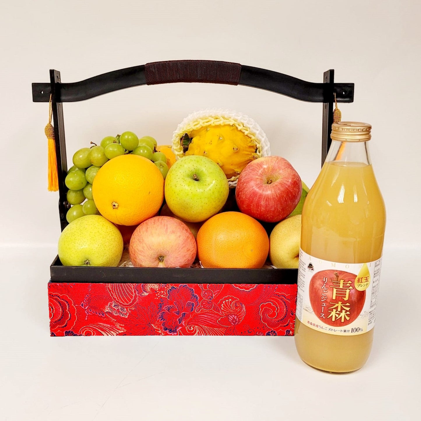 Red Brocade Fruit Hamper with Wine OR Juice