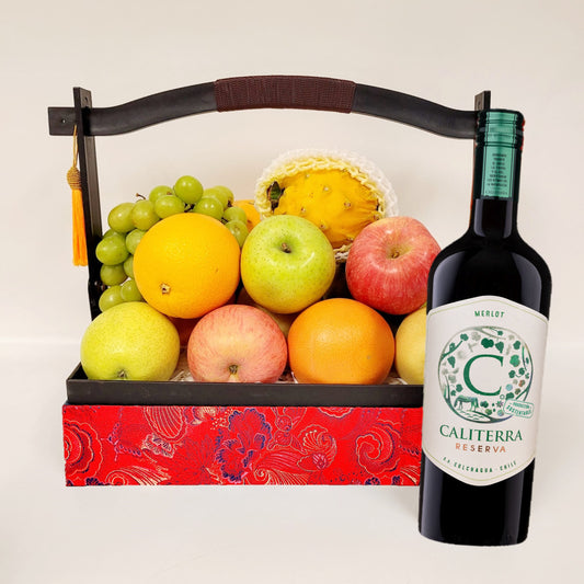 Red Brocade Fruit Hamper with Wine OR Juice