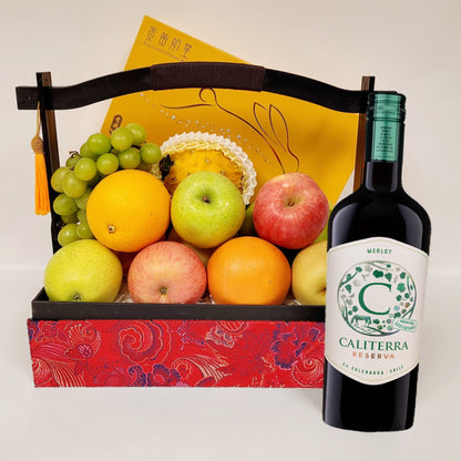 Mid Autumn Red Brocade Fruit Hamper with Kee Wah Mooncake & Wine OR Juice