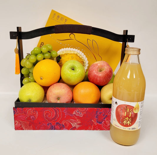 Mid Autumn Red Brocade Fruit Hamper with Kee Wah Mooncake & Wine OR Juice