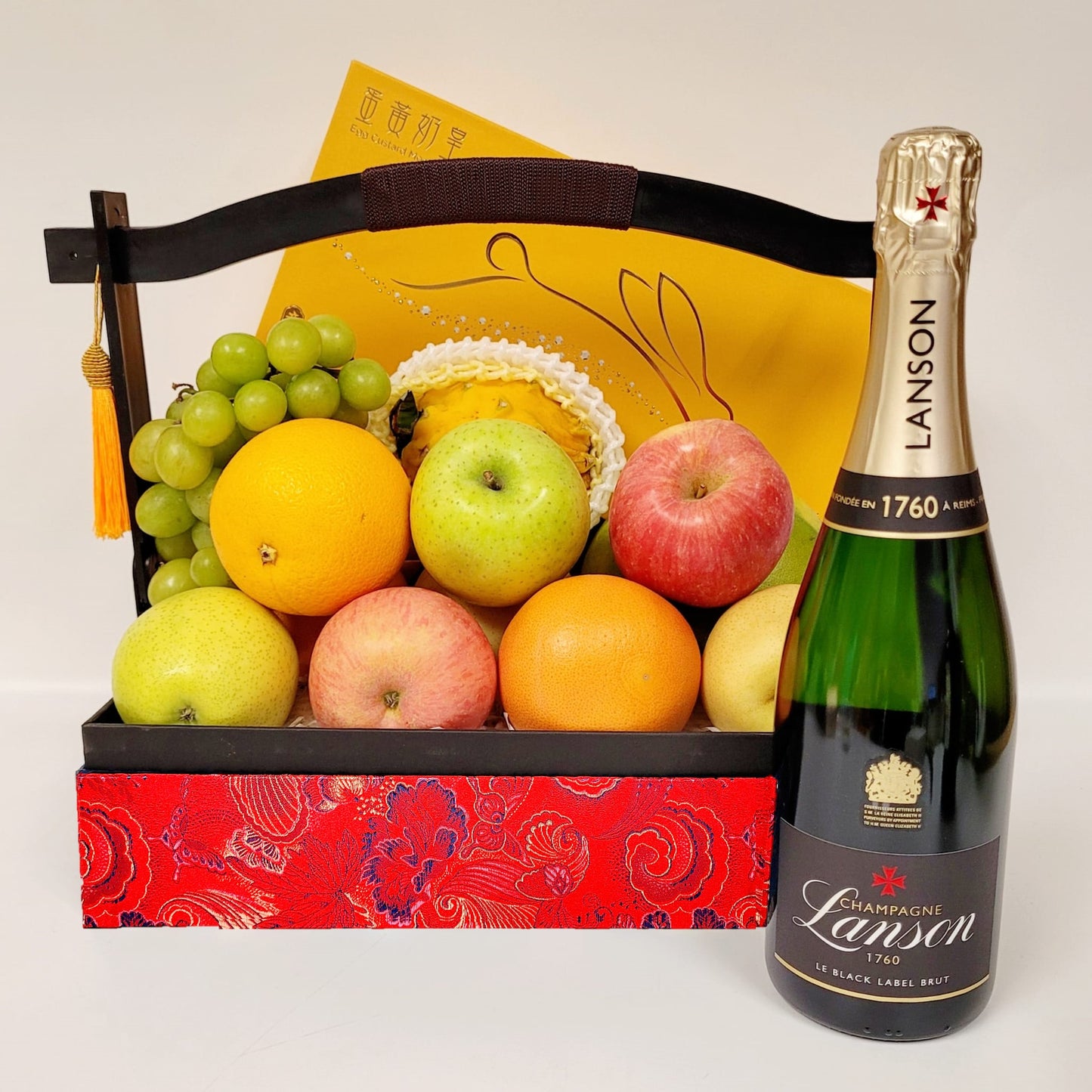 Mid Autumn Red Brocade Fruit Hamper with Kee Wah Mooncake & Champagne