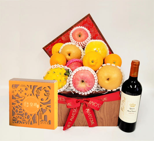 Red Brocade Fresh Fruit Hamper with Imperial Patisserie Mooncakes
