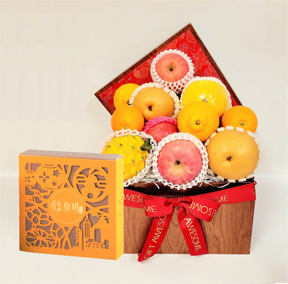 Red Brocade Fresh Fruit Hamper with Imperial Patisserie Mooncakes