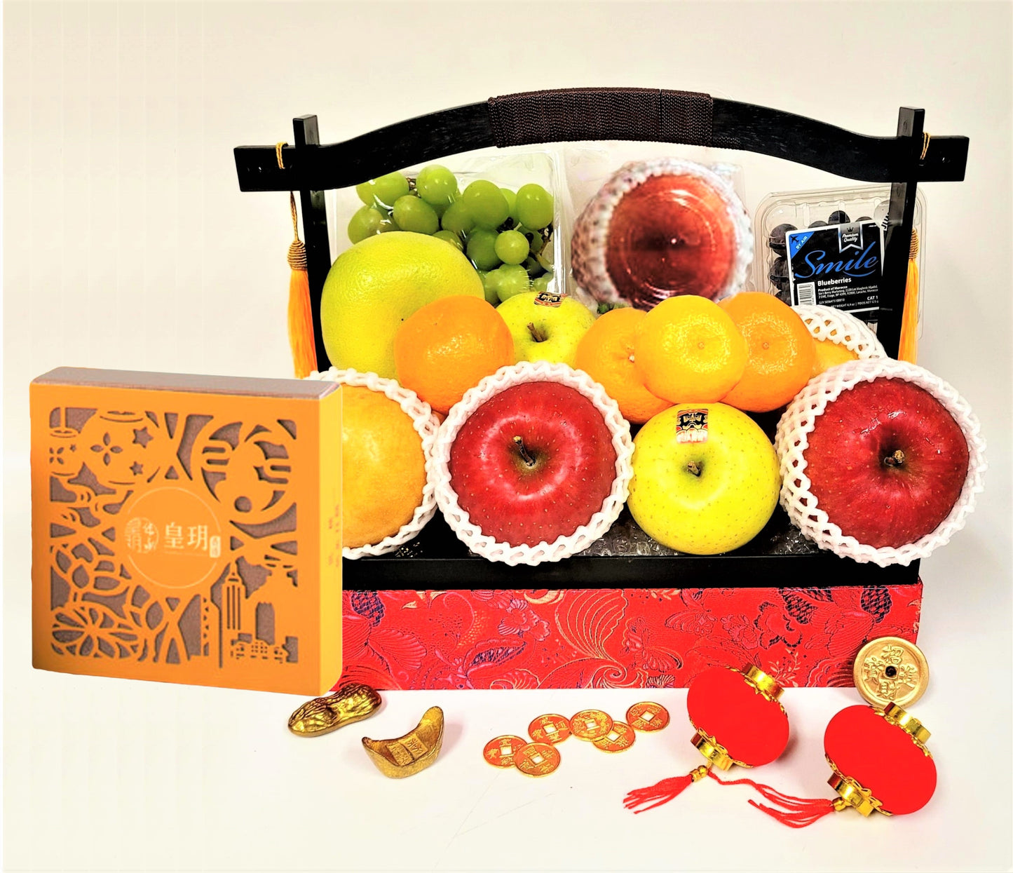 Red Brocade Deluxe Fruit Hamper with Imperial Patisserie Mooncakes