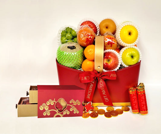 Burgundy Gold Blessing Fruit Hamper with Mandarin Oriental Mooncakes