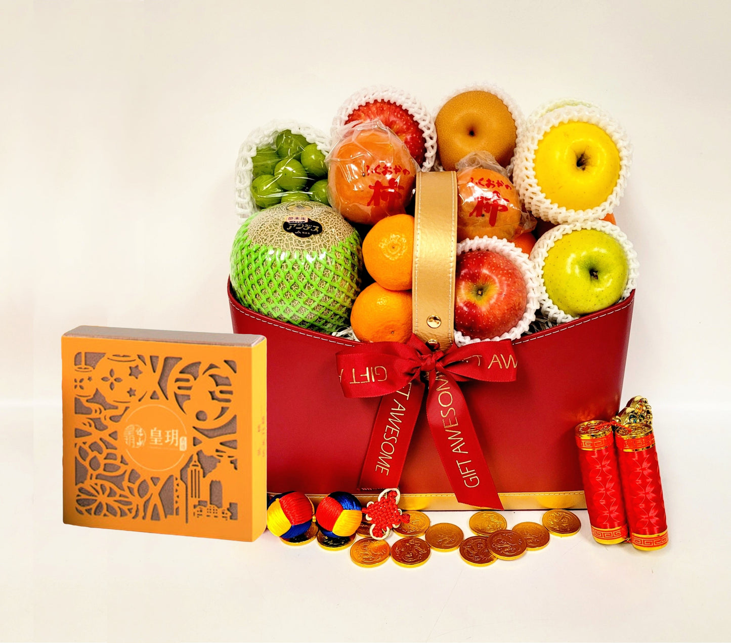 Burgundy Gold Blessing Fruit Hamper with Imperial Patisserie Mooncake