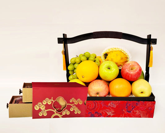 Red Brocade Fruit Hamper with Mandarin Oriental Mooncakes