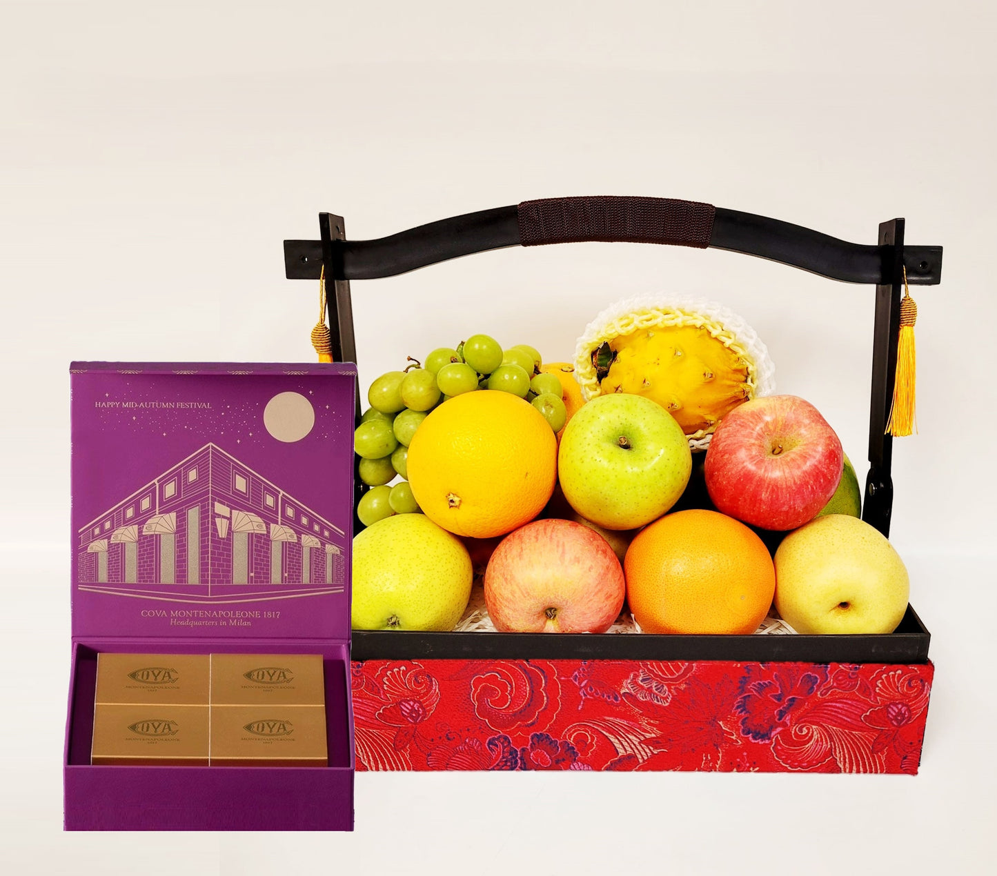 Red Brocade Fruit Hamper with Cova Mooncakes