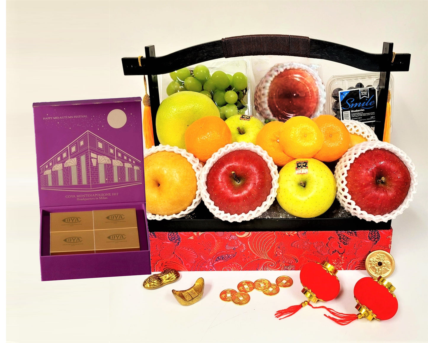 Red Brocade Deluxe Fruit Hamper with Cova Mooncakes