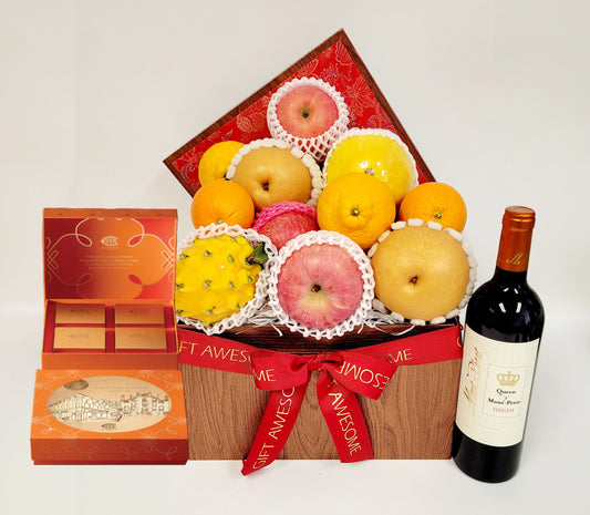 紅錦緞鮮果禮籃配Cova月餅