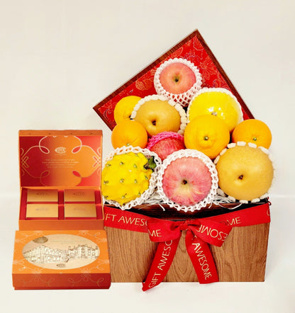 Red Brocade Fresh Fruit Hamper with Cova Mooncakes