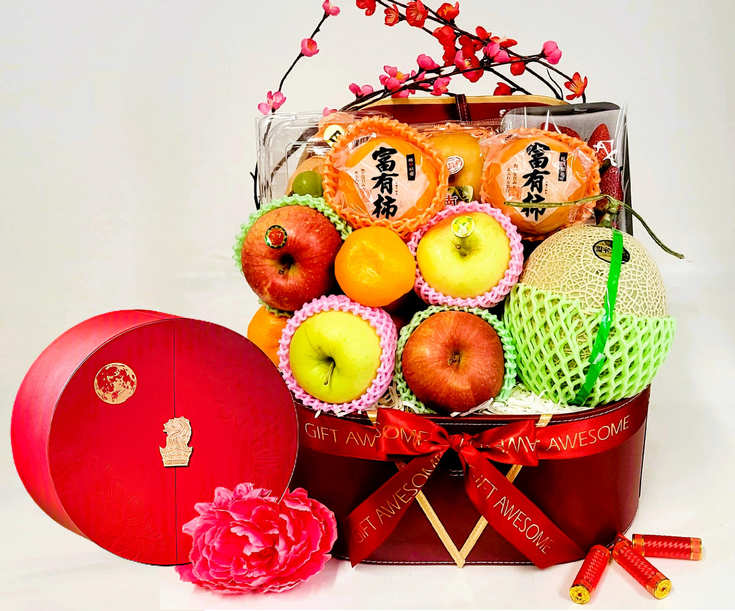 Red Festive Blossom Fruit Hamper & Ritz Carlton Mooncakes