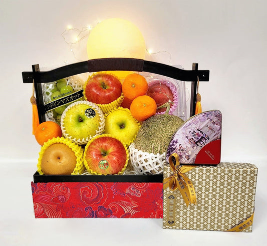 Red Brocade Japanese & Korean Fruit Hamper with Tea