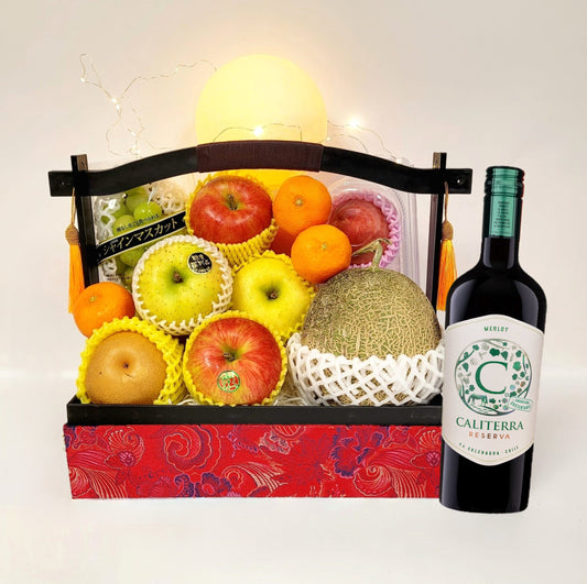 Red Brocade Japanese & Korean Fruit Hamper with wine