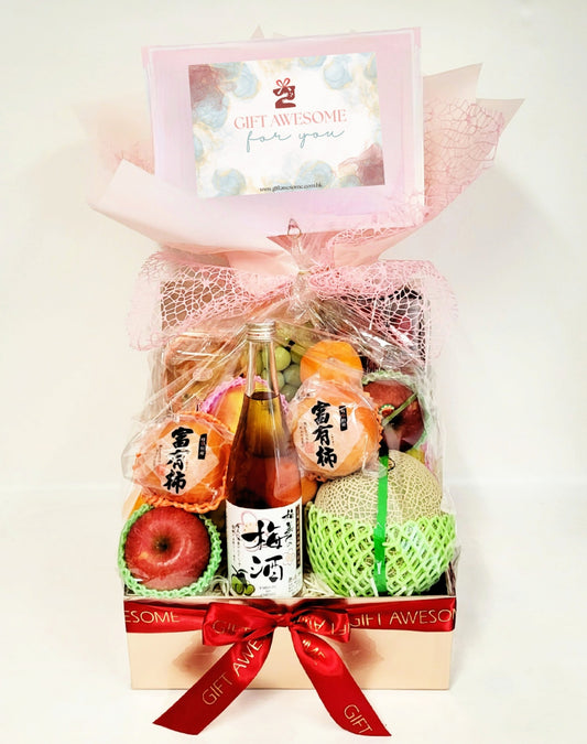 Rose Gold Deluxe Fruit Hamper with Plum Wine