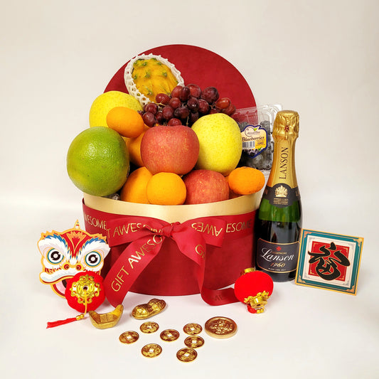 Red Round Box Seasonal Fruit Hamper with Lanson Black Label Champagne