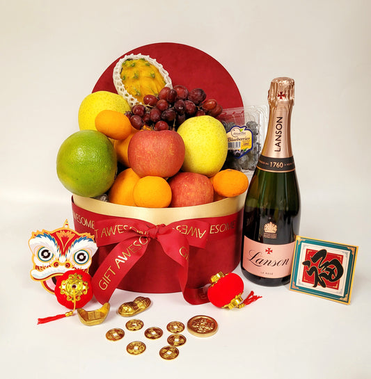 Red Round Box New Year Fruit Hamper with Lanson Rose Champagne