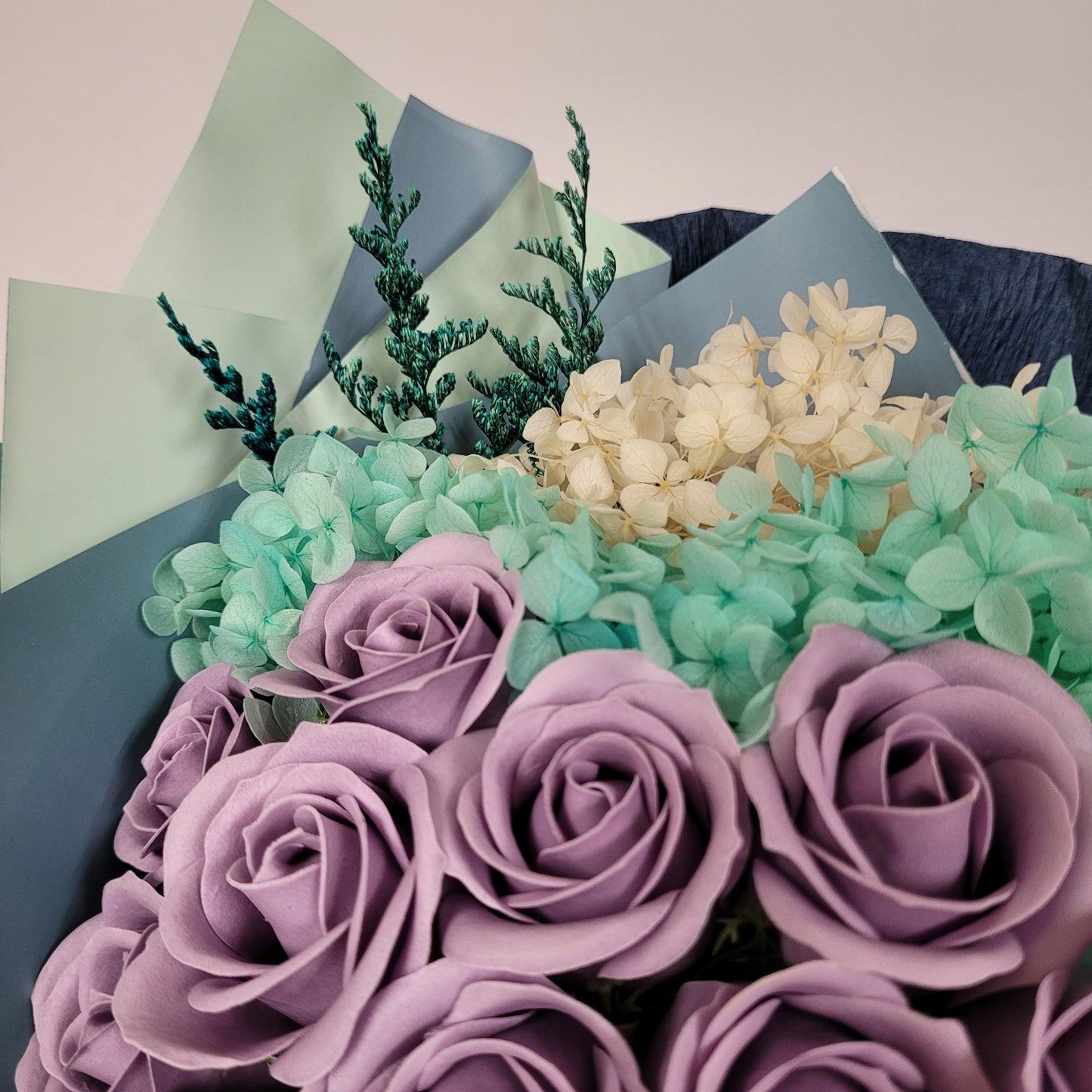 Purple Rose Blue Hydrangea Scented Soap & Preserved Flower Bouquet