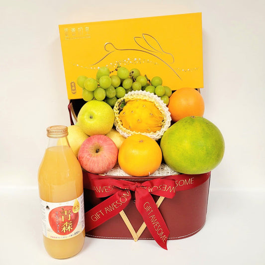 Mid Autumn Red Festive Fruit Hamper with Kee Wah Moooncake & Wine OR Juice