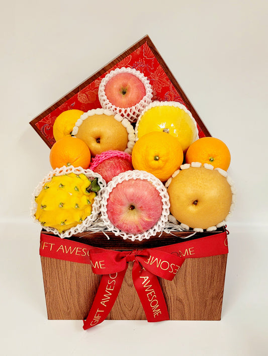 Red Brocade Fresh Fruit Hamper with Wine