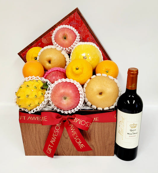 Red Brocade Fresh Fruit Hamper with Wine