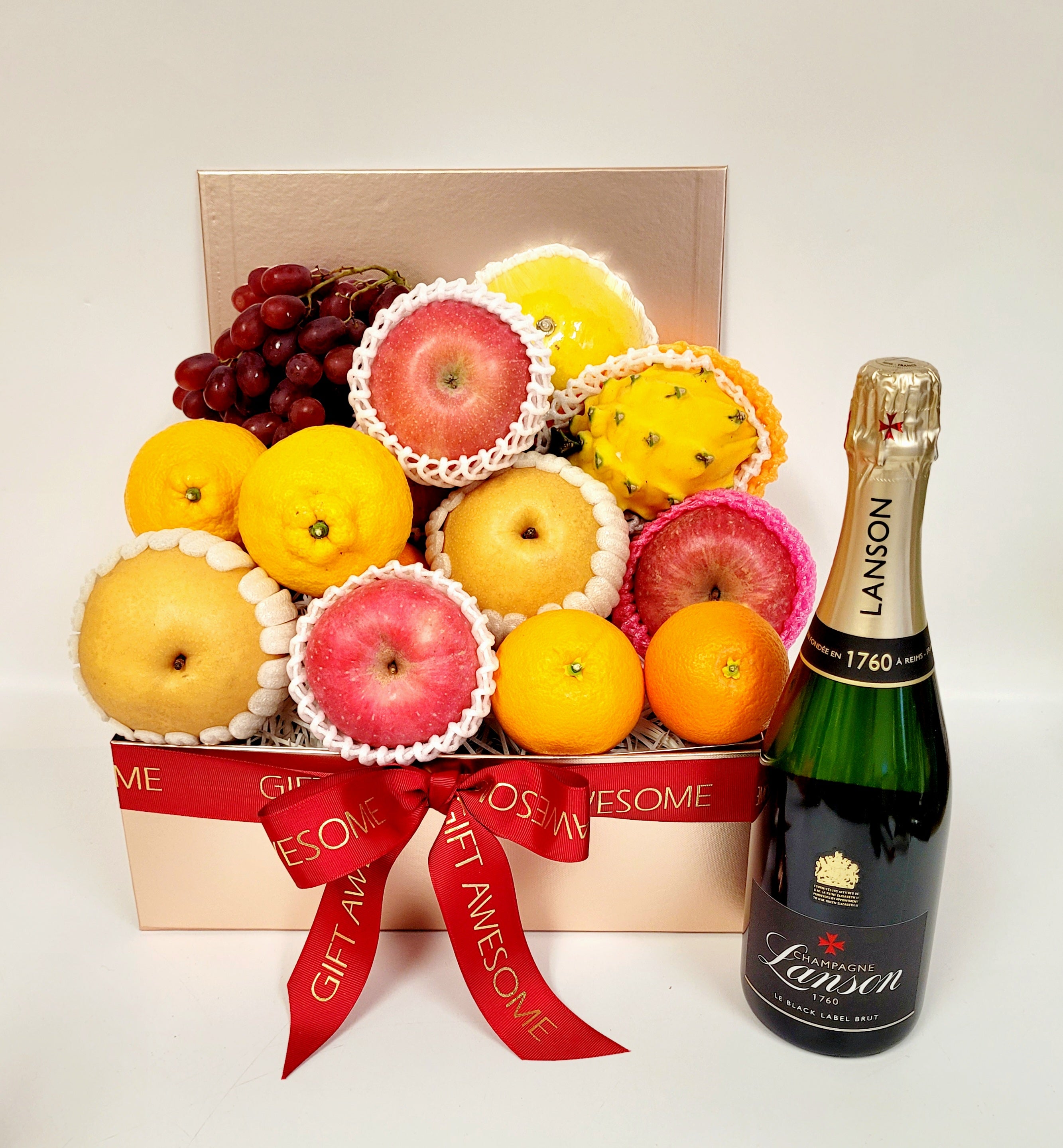 Rose Gold Fresh Fruit Hamper with Wine – Gift Awesome