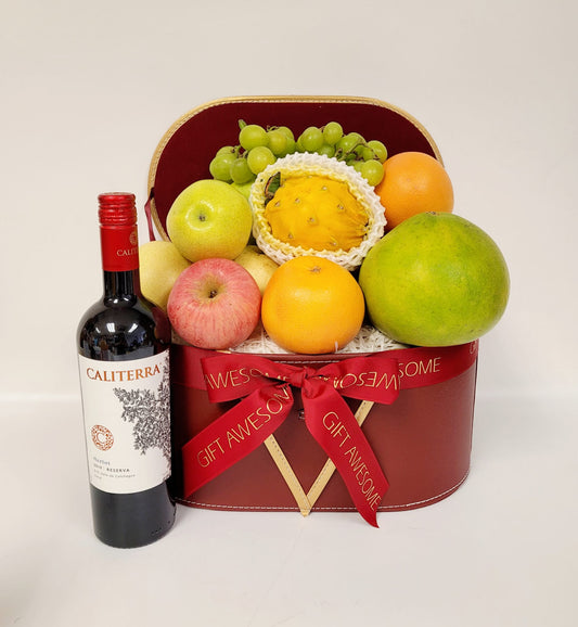 Red Festive Fruit Hamper with Red Wine